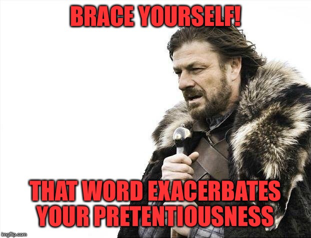 Brace Yourselves X is Coming Meme | BRACE YOURSELF! THAT WORD EXACERBATES YOUR PRETENTIOUSNESS | image tagged in memes,brace yourselves x is coming | made w/ Imgflip meme maker