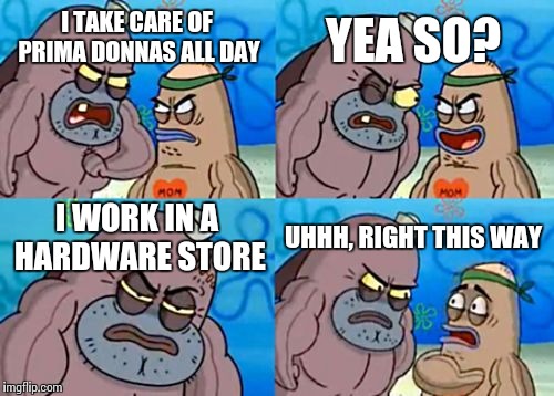 How Tough Are You | YEA SO? I TAKE CARE OF PRIMA DONNAS ALL DAY; I WORK IN A HARDWARE STORE; UHHH, RIGHT THIS WAY | image tagged in memes,how tough are you | made w/ Imgflip meme maker