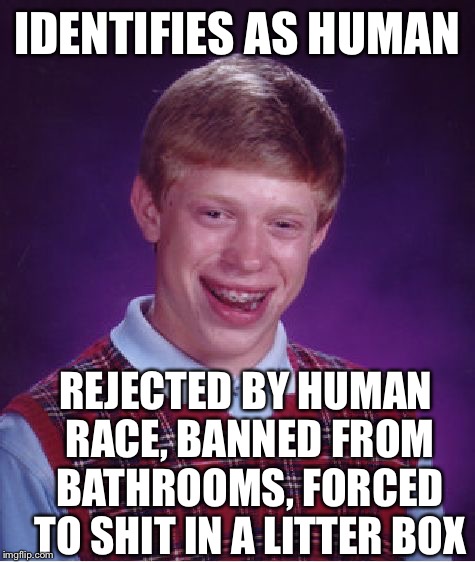 Bad Luck Brian Meme | IDENTIFIES AS HUMAN REJECTED BY HUMAN RACE, BANNED FROM BATHROOMS, FORCED TO SHIT IN A LITTER BOX | image tagged in memes,bad luck brian | made w/ Imgflip meme maker