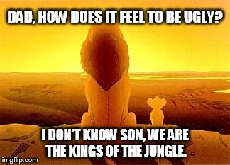 simba and dad | DAD, HOW DOES IT FEEL TO BE UGLY? I DON'T KNOW SON, WE ARE THE KINGS OF THE JUNGLE. | image tagged in simba and dad | made w/ Imgflip meme maker