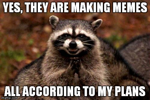 Evil Plotting Raccoon | YES, THEY ARE MAKING MEMES; ALL ACCORDING TO MY PLANS | image tagged in memes,evil plotting raccoon | made w/ Imgflip meme maker