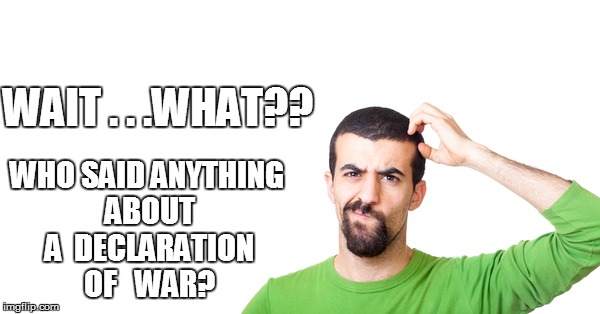 WAIT . . .WHAT?? WHO SAID ANYTHING ABOUT A  DECLARATION OF   WAR? | made w/ Imgflip meme maker