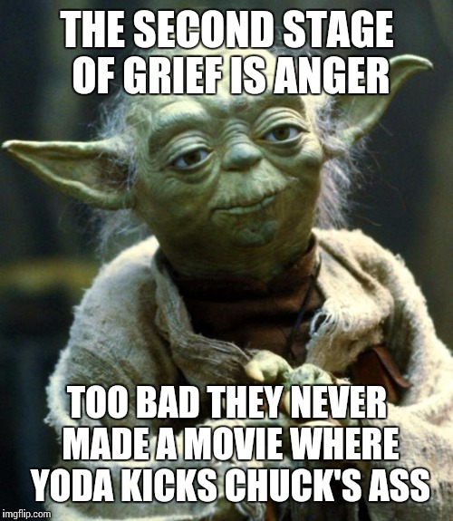 Star Wars Yoda Meme | THE SECOND STAGE OF GRIEF IS ANGER TOO BAD THEY NEVER MADE A MOVIE WHERE YODA KICKS CHUCK'S ASS | image tagged in memes,star wars yoda | made w/ Imgflip meme maker
