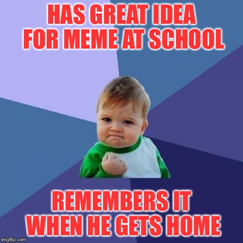 This never happens in real life. | HAS GREAT IDEA FOR MEME AT SCHOOL; REMEMBERS IT WHEN HE GETS HOME | image tagged in memes,success kid | made w/ Imgflip meme maker