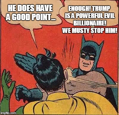 Batman Slapping Robin Meme | HE DOES HAVE A GOOD POINT... ENOUGH! TRUMP IS A POWERFUL EVIL BILLIONAIRE! WE MUSTY STOP HIM! | image tagged in memes,batman slapping robin | made w/ Imgflip meme maker