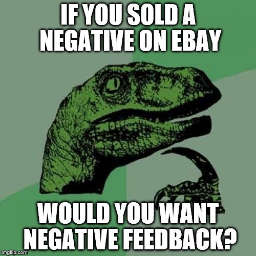 Philosoraptor Meme | IF YOU SOLD A NEGATIVE ON EBAY; WOULD YOU WANT NEGATIVE FEEDBACK? | image tagged in memes,philosoraptor,ebay,photography | made w/ Imgflip meme maker
