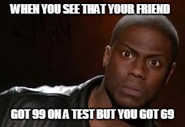 Kevin Hart Meme | WHEN YOU SEE THAT YOUR FRIEND; GOT 99 ON A TEST BUT YOU GOT 69 | image tagged in memes,kevin hart the hell | made w/ Imgflip meme maker