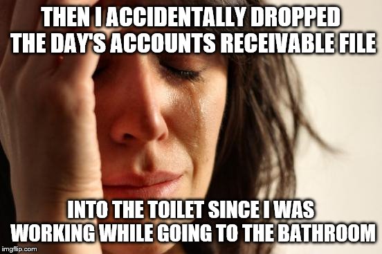 First World Problems Meme | THEN I ACCIDENTALLY DROPPED THE DAY'S ACCOUNTS RECEIVABLE FILE; INTO THE TOILET SINCE I WAS WORKING WHILE GOING TO THE BATHROOM | image tagged in memes,first world problems | made w/ Imgflip meme maker