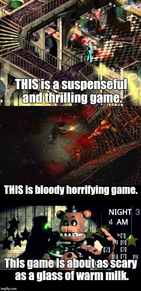 The horror game market is wide, and to me FNAF is the little novelty items they put next to the counters on the way out. | THIS is a suspenseful and thrilling game. THIS is bloody horrifying game. This game is about as scary as a glass of warm milk. | image tagged in fnaf,silent hill,sanitarium,horror,video games | made w/ Imgflip meme maker