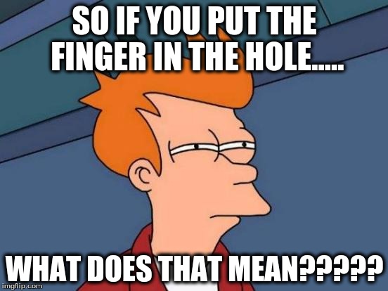 Futurama Fry Meme | SO IF YOU PUT THE FINGER IN THE HOLE..... WHAT DOES THAT MEAN????? | image tagged in memes,futurama fry | made w/ Imgflip meme maker