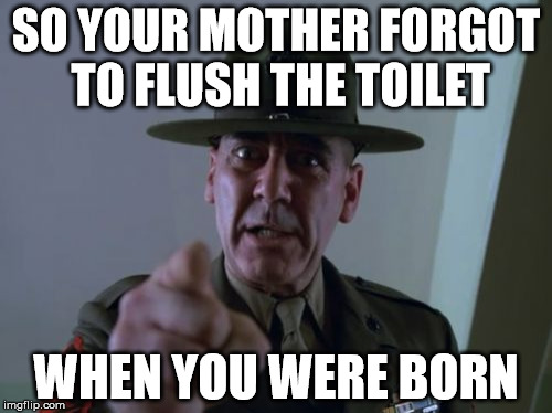 Sergeant Hartmann Meme | SO YOUR MOTHER FORGOT TO FLUSH THE TOILET; WHEN YOU WERE BORN | image tagged in memes,sergeant hartmann | made w/ Imgflip meme maker