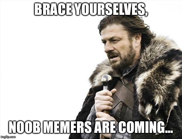 Brace Yourselves X is Coming Meme | BRACE YOURSELVES, NOOB MEMERS ARE COMING... | image tagged in memes,brace yourselves x is coming | made w/ Imgflip meme maker