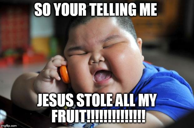fat chinese kid | SO YOUR TELLING ME; JESUS STOLE ALL MY FRUIT!!!!!!!!!!!!!! | image tagged in fat chinese kid | made w/ Imgflip meme maker