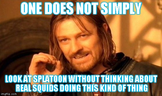 One Does Not Simply | ONE DOES NOT SIMPLY; LOOK AT SPLATOON WITHOUT THINKING ABOUT REAL SQUIDS DOING THIS KIND OF THING | image tagged in memes,one does not simply | made w/ Imgflip meme maker