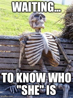 Waiting Skeleton Meme | WAITING... TO KNOW WHO "SHE" IS | image tagged in memes,waiting skeleton | made w/ Imgflip meme maker