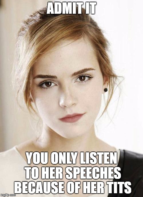 Emma Watson | ADMIT IT; YOU ONLY LISTEN TO HER SPEECHES BECAUSE OF HER TITS | image tagged in emma watson | made w/ Imgflip meme maker