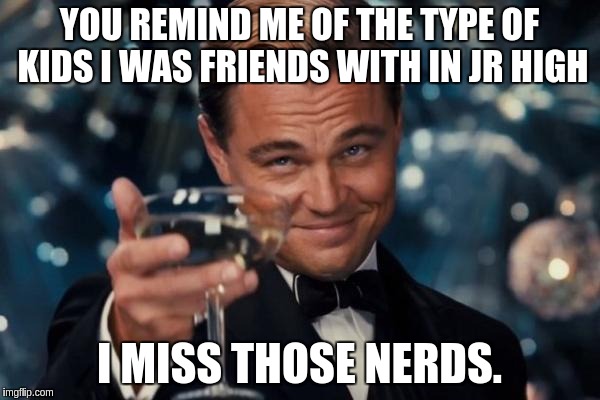 Leonardo Dicaprio Cheers Meme | YOU REMIND ME OF THE TYPE OF KIDS I WAS FRIENDS WITH IN JR HIGH I MISS THOSE NERDS. | image tagged in memes,leonardo dicaprio cheers | made w/ Imgflip meme maker