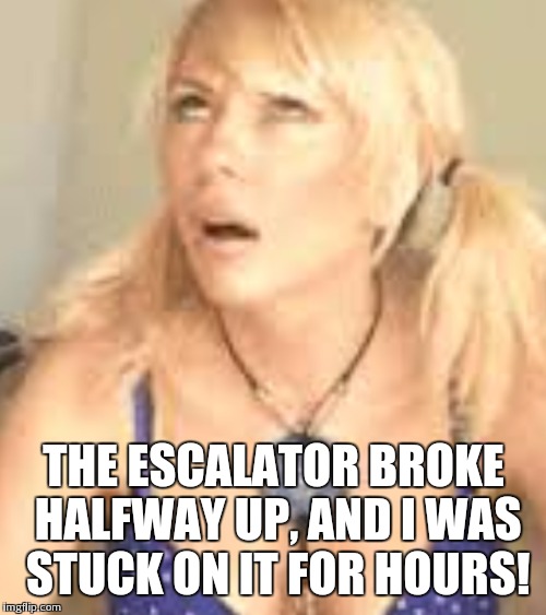 THE ESCALATOR BROKE HALFWAY UP, AND I WAS STUCK ON IT FOR HOURS! | image tagged in dumb blonde,escalator | made w/ Imgflip meme maker