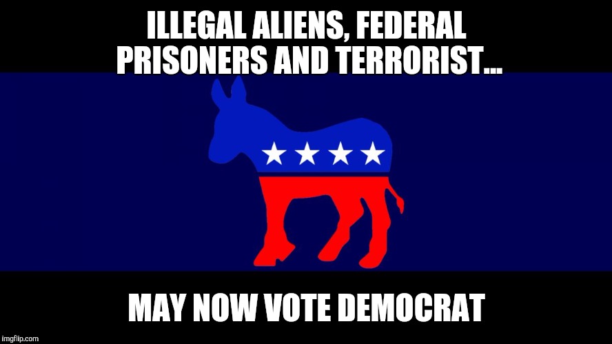 Democrat Meme | ILLEGAL ALIENS, FEDERAL PRISONERS AND TERRORIST... MAY NOW VOTE DEMOCRAT | image tagged in democrat meme | made w/ Imgflip meme maker