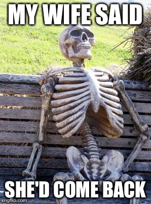 Waiting Skeleton Meme | MY WIFE SAID; SHE'D COME BACK | image tagged in memes,waiting skeleton | made w/ Imgflip meme maker