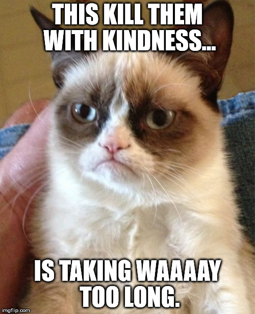 Need to think of a faster way | THIS KILL THEM WITH KINDNESS... IS TAKING WAAAAY TOO LONG. | image tagged in memes,grumpy cat | made w/ Imgflip meme maker