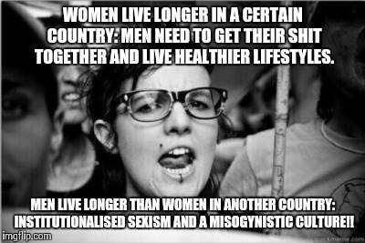Feminist | WOMEN LIVE LONGER IN A CERTAIN COUNTRY: MEN NEED TO GET THEIR SHIT TOGETHER AND LIVE HEALTHIER LIFESTYLES. MEN LIVE LONGER THAN WOMEN IN ANOTHER COUNTRY: INSTITUTIONALISED SEXISM AND A MISOGYNISTIC CULTURE!! | image tagged in feminist | made w/ Imgflip meme maker