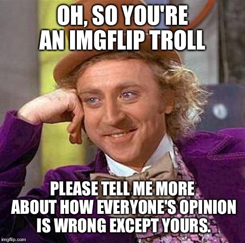 Creepy Condescending Wonka | OH, SO YOU'RE AN IMGFLIP TROLL; PLEASE TELL ME MORE ABOUT HOW EVERYONE'S OPINION IS WRONG EXCEPT YOURS. | image tagged in memes,creepy condescending wonka | made w/ Imgflip meme maker