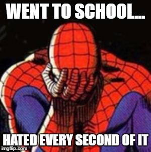 Sad Spiderman | WENT TO SCHOOL... HATED EVERY SECOND OF IT | image tagged in memes,sad spiderman,spiderman | made w/ Imgflip meme maker