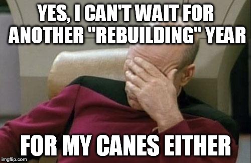 Captain Picard Facepalm Meme | YES, I CAN'T WAIT FOR ANOTHER "REBUILDING" YEAR FOR MY CANES EITHER | image tagged in memes,captain picard facepalm | made w/ Imgflip meme maker