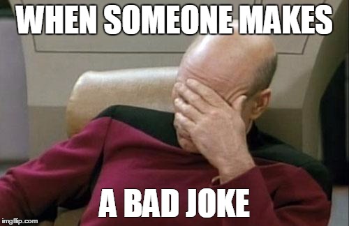 Captain Picard Facepalm | WHEN SOMEONE MAKES; A BAD JOKE | image tagged in memes,captain picard facepalm | made w/ Imgflip meme maker