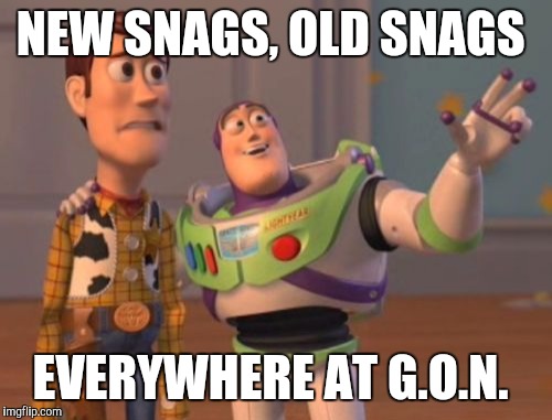 X, X Everywhere | NEW SNAGS, OLD SNAGS; EVERYWHERE AT G.O.N. | image tagged in memes,x x everywhere | made w/ Imgflip meme maker
