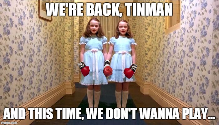 the shiningtwinsboxing. | WE'RE BACK, TINMAN; AND THIS TIME, WE DON'T WANNA PLAY... | image tagged in twins,the shining,the shining twins,we wanna play,the shining twins tinman | made w/ Imgflip meme maker