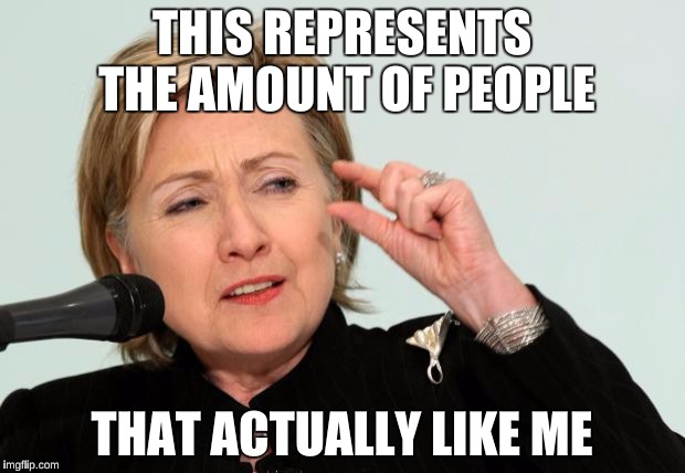 Hillary Clinton Fingers | THIS REPRESENTS THE AMOUNT OF PEOPLE; THAT ACTUALLY LIKE ME | image tagged in hillary clinton fingers,memes,hillary clinton,bernie sanders,donald trump,president 2016 | made w/ Imgflip meme maker