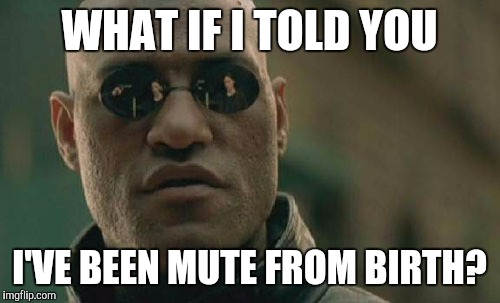 Defex | WHAT IF I TOLD YOU; I'VE BEEN MUTE FROM BIRTH? | image tagged in memes,matrix morpheus | made w/ Imgflip meme maker