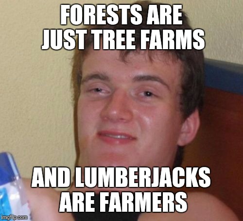 10 Guy | FORESTS ARE JUST TREE FARMS; AND LUMBERJACKS ARE FARMERS | image tagged in memes,10 guy | made w/ Imgflip meme maker