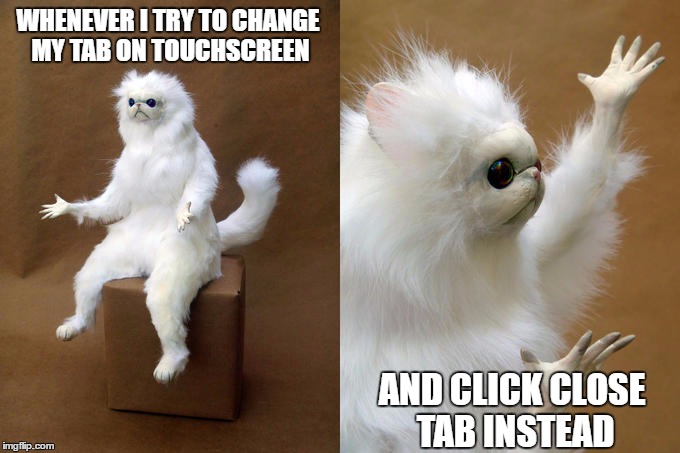 Happens more when you have many tabs open at once | WHENEVER I TRY TO CHANGE MY TAB ON TOUCHSCREEN; AND CLICK CLOSE TAB INSTEAD | image tagged in persian cat room guardian | made w/ Imgflip meme maker