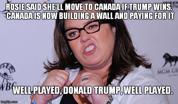 ROSIE SAID SHE'LL MOVE TO CANADA IF TRUMP WINS.  CANADA IS NOW BUILDING A WALL AND PAYING FOR IT; WELL PLAYED, DONALD TRUMP, WELL PLAYED. | image tagged in donald trump | made w/ Imgflip meme maker
