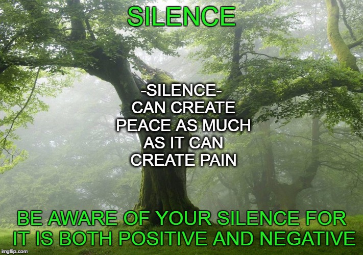 SILENCE; -SILENCE- CAN CREATE PEACE AS MUCH AS IT CAN CREATE PAIN; BE AWARE OF YOUR SILENCE FOR IT IS BOTH POSITIVE AND NEGATIVE | image tagged in silence | made w/ Imgflip meme maker