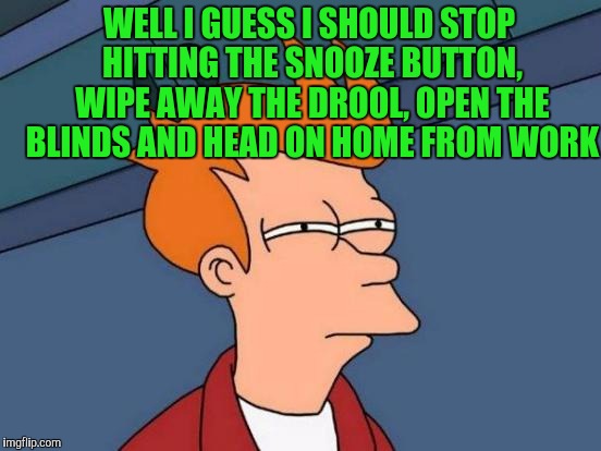 Futurama Fry | WELL I GUESS I SHOULD STOP HITTING THE SNOOZE BUTTON, WIPE AWAY THE DROOL, OPEN THE BLINDS AND HEAD ON HOME FROM WORK | image tagged in memes,futurama fry | made w/ Imgflip meme maker