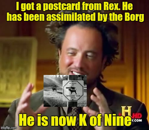 Even our dogs aren't safe | I got a postcard from Rex. He has been assimilated by the Borg; He is now K of Nine | image tagged in memes,ancient aliens,borg,dog,star trek ng | made w/ Imgflip meme maker