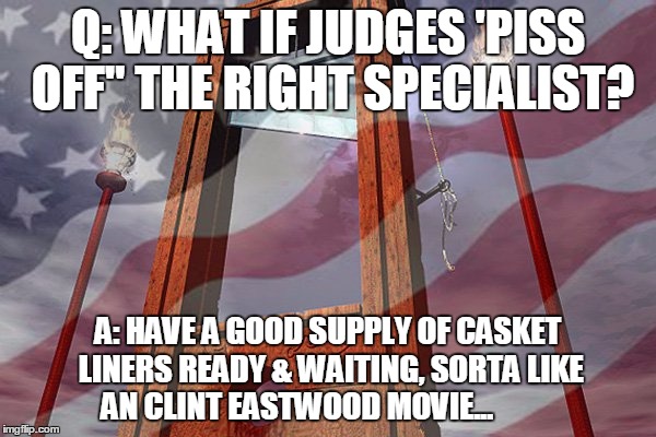 Q: WHAT IF JUDGES 'PISS OFF" THE RIGHT SPECIALIST? A: HAVE A GOOD SUPPLY OF CASKET LINERS READY & WAITING, SORTA LIKE AN CLINT EASTWOOD MOVIE... | image tagged in e4 mafia we put the fun in funeral | made w/ Imgflip meme maker