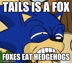 Scared sonic | TAILS IS A FOX; FOXES EAT HEDGEHOGS | image tagged in scared sonic | made w/ Imgflip meme maker
