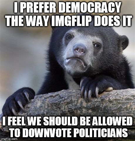 Confession bear tells you about democracy |  I PREFER DEMOCRACY THE WAY IMGFLIP DOES IT; I FEEL WE SHOULD BE ALLOWED TO DOWNVOTE POLITICIANS | image tagged in memes,confession bear | made w/ Imgflip meme maker