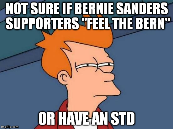 Futurama Fry | NOT SURE IF BERNIE SANDERS SUPPORTERS "FEEL THE BERN"; OR HAVE AN STD | image tagged in memes,futurama fry | made w/ Imgflip meme maker