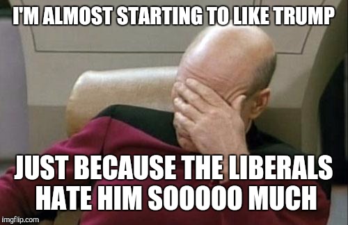 Captain Picard Facepalm | I'M ALMOST STARTING TO LIKE TRUMP; JUST BECAUSE THE LIBERALS HATE HIM SOOOOO MUCH | image tagged in memes,captain picard facepalm | made w/ Imgflip meme maker