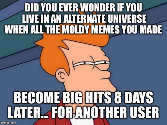Just kidding we all love to share our creative ideas. Just ask Robin Thicke and Pharrel Williams. (I'm really kidding)  | DID YOU EVER WONDER IF YOU LIVE IN AN ALTERNATE UNIVERSE WHEN ALL THE MOLDY MEMES YOU MADE; BECOME BIG HITS 8 DAYS LATER... FOR ANOTHER USER | image tagged in memes,futurama fry,copyright | made w/ Imgflip meme maker