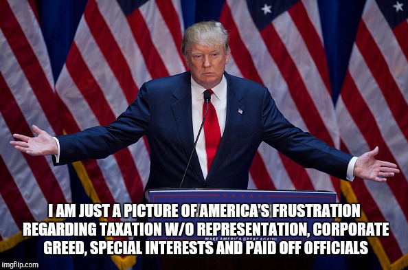 Donald Trump | I AM JUST A PICTURE OF AMERICA'S FRUSTRATION REGARDING TAXATION W/O REPRESENTATION, CORPORATE GREED, SPECIAL INTERESTS AND PAID OFF OFFICIALS | image tagged in donald trump | made w/ Imgflip meme maker