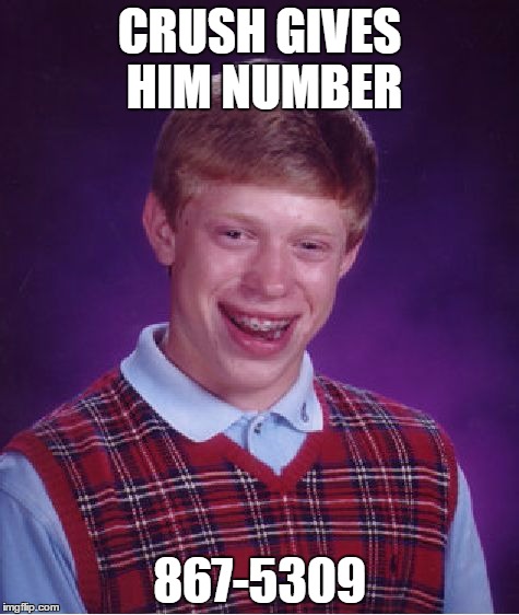 Bad Luck Brian Meme | CRUSH GIVES HIM NUMBER; 867-5309 | image tagged in memes,bad luck brian | made w/ Imgflip meme maker