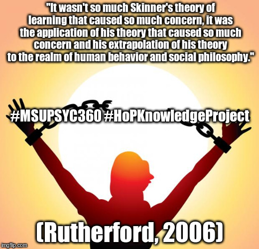 freedom | "It wasn't so much Skinner's theory of learning that caused so much concern, it was the application of his theory that caused so much concern and his extrapolation of his theory to the realm of human behavior and social philosophy."; #MSUPSYC360 #HoPKnowledgeProject; (Rutherford, 2006) | image tagged in freedom | made w/ Imgflip meme maker