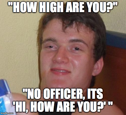 Guy #10 | "HOW HIGH ARE YOU?"; "NO OFFICER, ITS 'HI, HOW ARE YOU?' " | image tagged in memes,10 guy | made w/ Imgflip meme maker